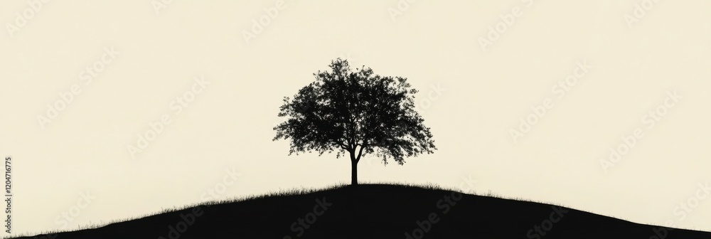 Aufkleber silhouette of a lone tree on a grassy hill against a soft, muted background at dusk. generative ai