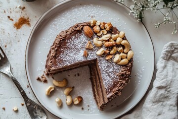 Cashew topped chocolate fudge on a white dish
