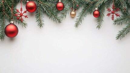Christmas Branches Border with Christmas Decorations on Transparent Background 