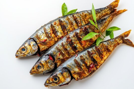Central Kerala style mackerel curry made with red chilies and Malabar tamarind photographed on a white backdrop