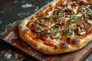 Classic Italian calzone topped with tomato sauce mozzarella and mushrooms on a dark board Selective focus