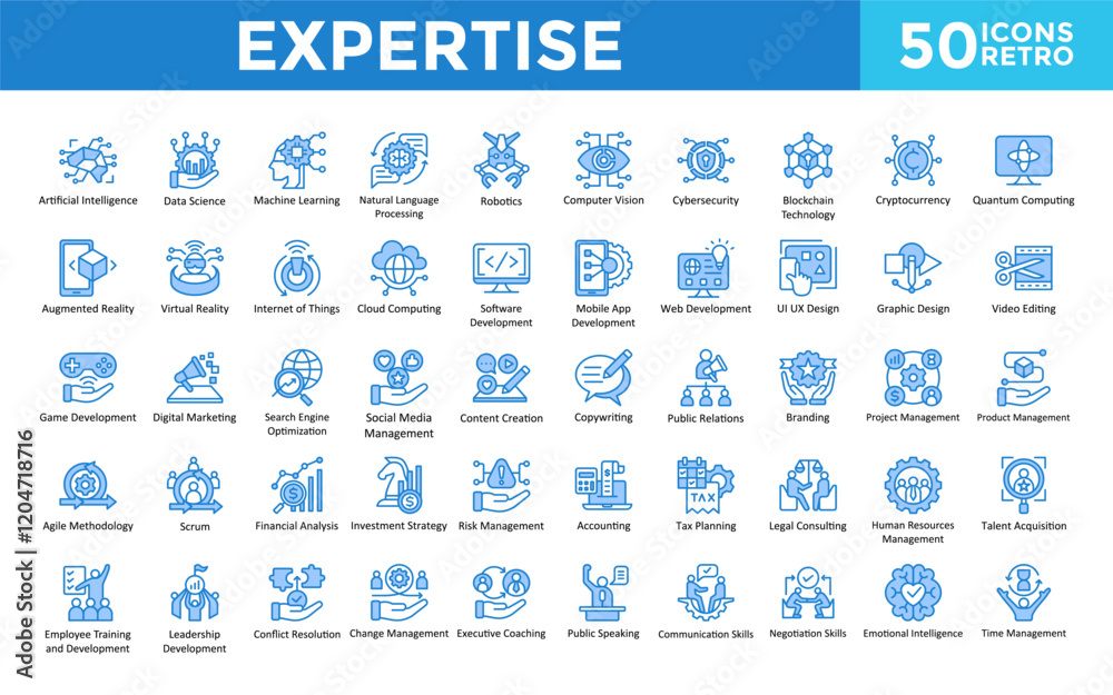 Poster Expertise icon set with artificial intelligence, data science, machine learning, natural language processing, robotics, computer vision, cybersecurity, blockchain icon. Simple retro vector 
