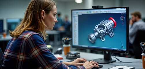 Female engineer works on 3D mechanical design software on computer. Modern tech workstation. Pro engineer focuses on detailed 3D mechanical design project. Industrial machinery design process.