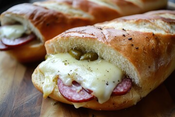 Classic New Orleans muffuletta sandwiches featuring mortadella salami and provolone on Italian ciabatta displayed on a wooden cutting board