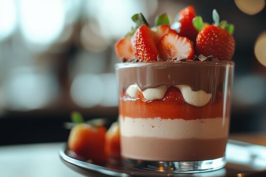 Close up of a delightful layered chocolate mousse dessert with blurred strawberries in the foreground Culinary still life