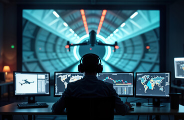Engineer monitors drone in wind tunnel facility. Multiple screens show drone design, data. Tech expert oversees drone flight test. Modern tech facility. Research, development in aerospace. Innovative
