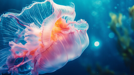 Naklejka premium 水中で泳ぐ巨大クラゲとダイバー