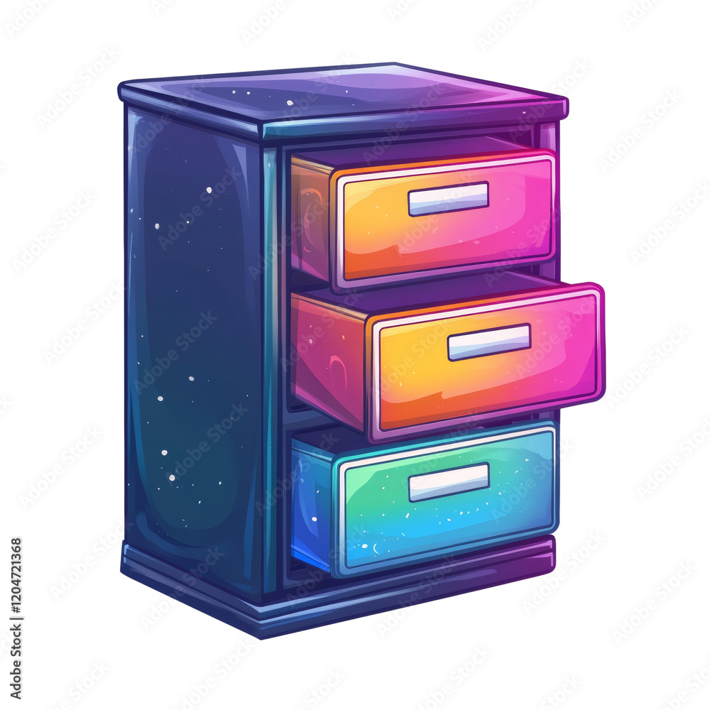 Poster A three-drawer file cabinet with open drawers displaying vibrant, gradient colors against a white background.