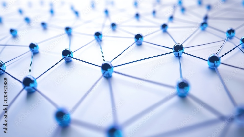 Poster Network of interconnected blue spheres forming a geometric pattern on a light background. Generative AI