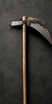 Rustic scythe with grass and soil, symbolizing agriculture and environment on dark background.
