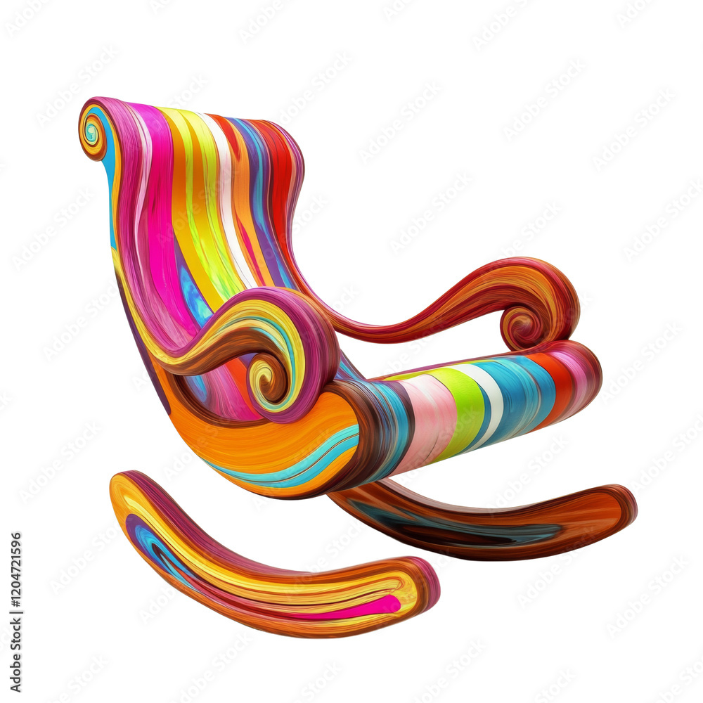 Poster a modern abstract rocking chair with a vibrant multicolored swirling design is shown against a white