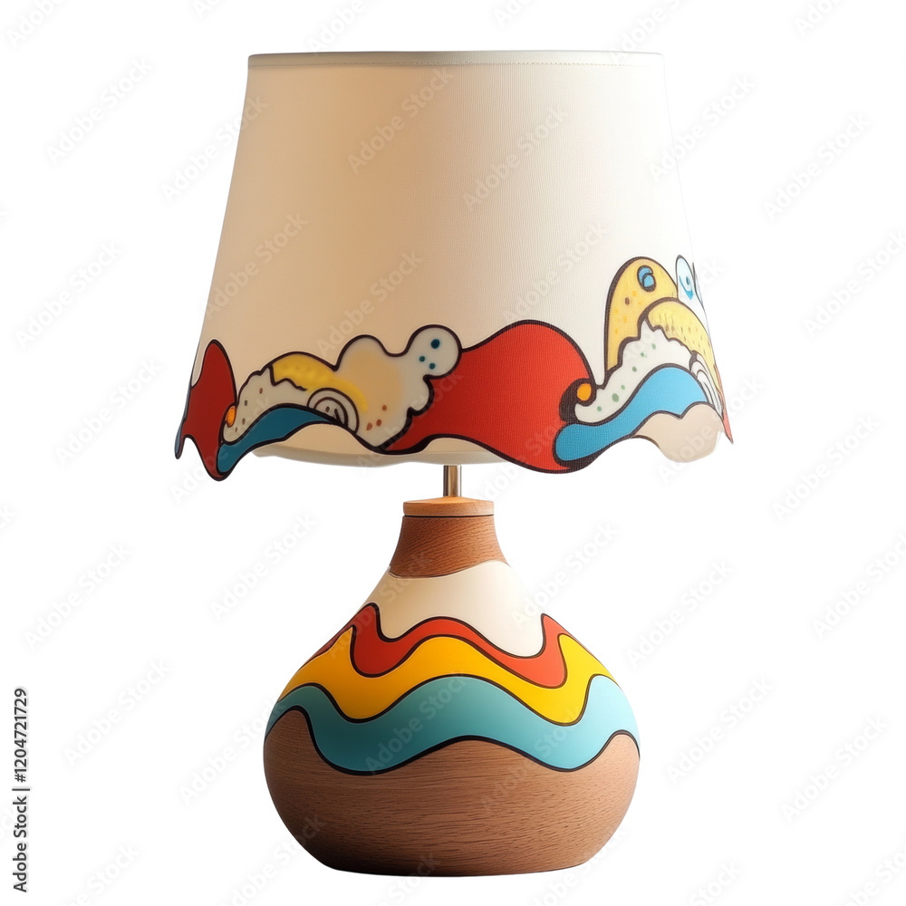 Poster A stylish table lamp features an abstract wave pattern on its shade and base, adding a touch of modern art to any room.