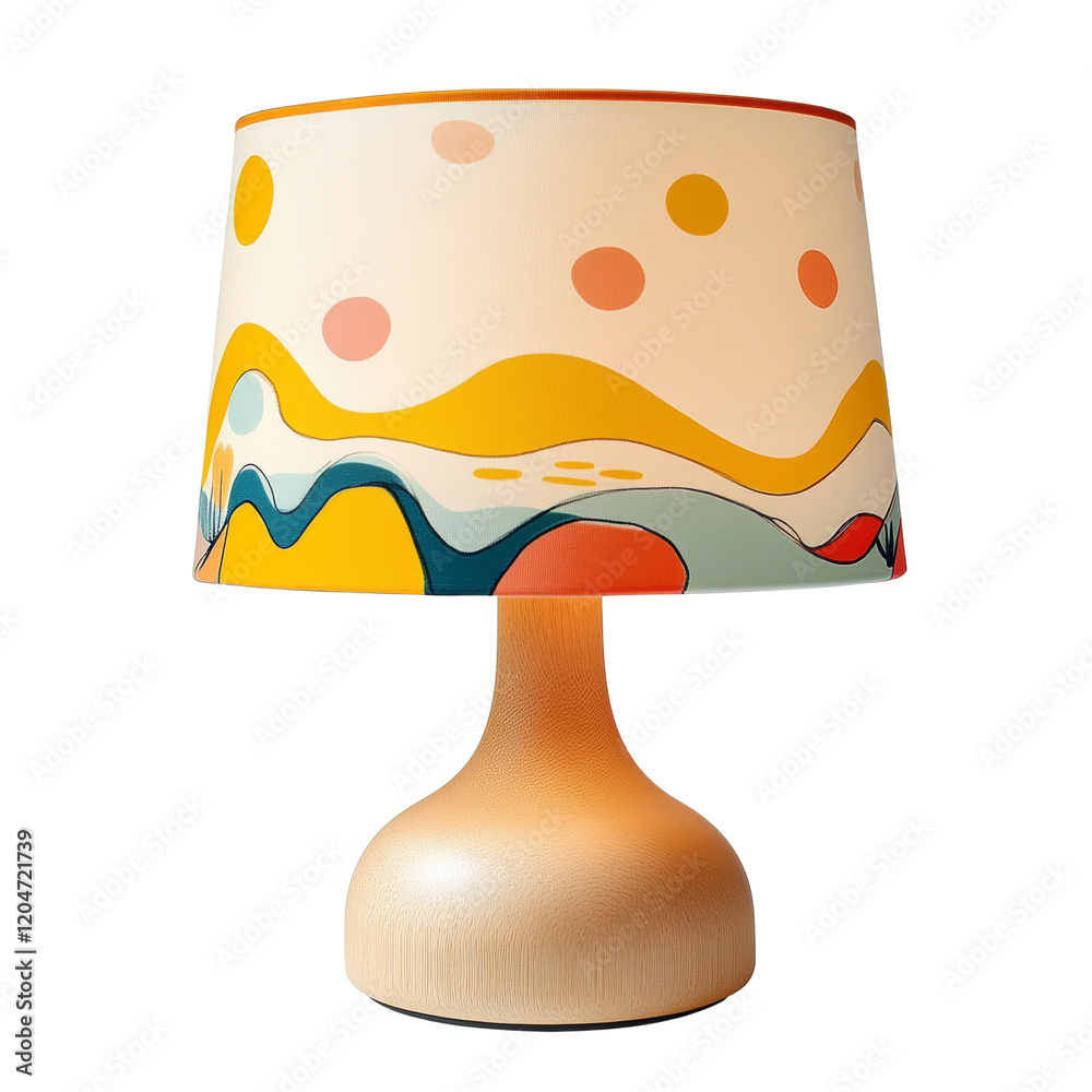 Poster A stylish modern table lamp features a wooden base and an abstract patterned lampshade with yellow, orange, pink, and teal accents.