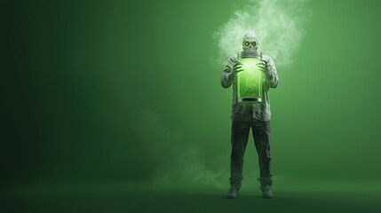 Fototapeta premium Mysterious Figure with Green Container in Foggy Scene