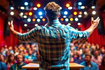 Obraz premium A speaker engages an audience with enthusiasm under bright lights in a vibrant theater setting, creating an energetic atmosphere.