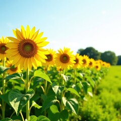Obraz premium Row of tall yellow sunflowers in a sunny meadow, yellow, green