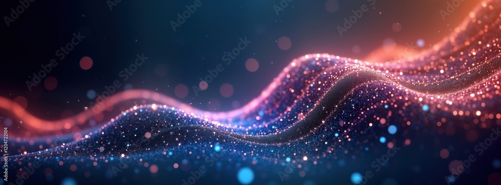 Poster Abstract digital wave pattern. Colorful glowing particles create smooth wavy lines on dark background. Bokeh effect adds depth to design. Perfect for tech abstract design projects. Modern wave