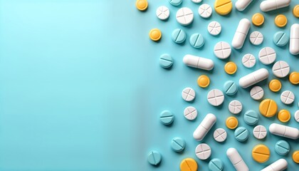 Various colorful pills, capsules scattered on light blue background. Medicine concept. Top view shows different types of medication. Healthcare, pharmacy themes. Concept of health, treatment of