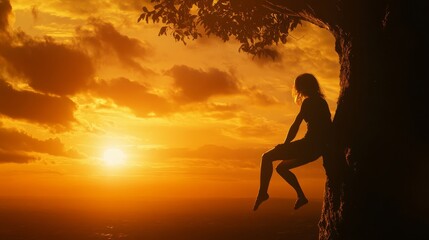 Obraz premium Solitary Figure Silhouette Sunset Cliffside Contemplation