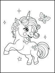 Illustration of a cute baby unicorn cartoon character. Black and white Printable Unicorn coloring page for kids.