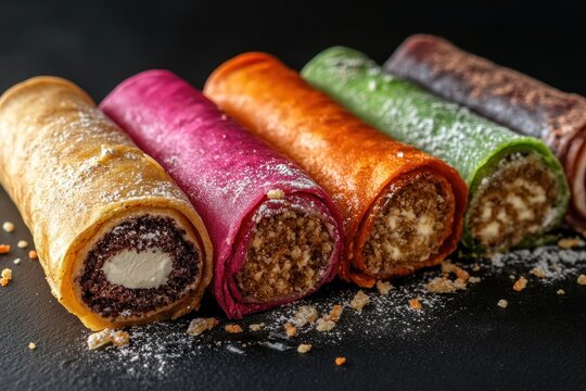 Colorful motti desserts with various fillings set against a black backdrop