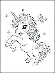 Illustration of a cute baby unicorn cartoon character. Black and white Printable Unicorn coloring page for kids.