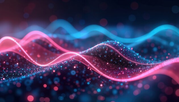 Futuristic illustration of tech wave patterns. Dynamic heart rate lines in neon pink, teal. Abstract digital design. Heartbeat pulses in futuristic pattern. Advanced medical technology. Innovative