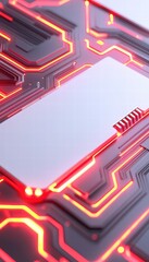Fototapeta premium A close-up of a sleek circuit board with glowing red lines highlighting its intricate pathways and a blank chip at the center.