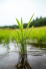 Fototapeta premium Fresh Green Grass Growing in a Serene Water Setting