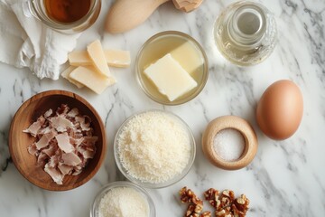 Components of the classic spaghetti carbonara with pecorino and guanciale