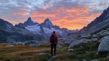 Fototapeta premium Solo Hiker at Sunrise in the Majestic Alps
