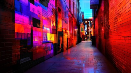 Fototapeta premium A vibrant alleyway illuminated with colorful lights and abstract visuals.