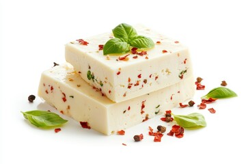 Delicious cheese with basil and paprika on a white background