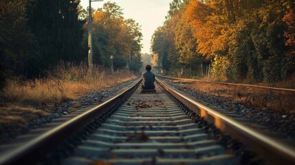 Fototapeta premium Solitary Figure Contemplating Autumnal Railway Landscape