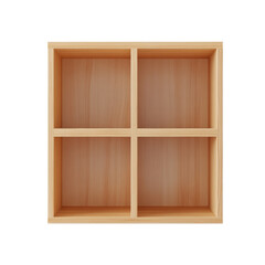 Obraz premium A minimalist light brown wooden wall shelf with four empty square compartments is shown against a white background.