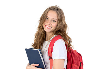 A smiling female student with long, wavy brown hair, transparent background. Smiling young student girl with book isolated on transparent background