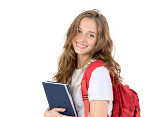 A smiling female student with long, wavy brown hair, transparent background. Smiling young student girl with book isolated on transparent background