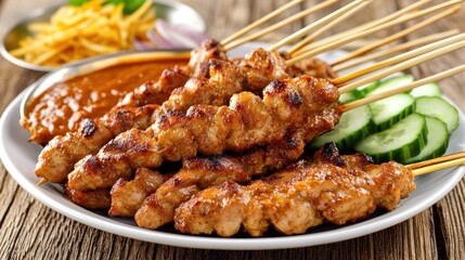 Fototapeta premium Delicious Chicken Satay with Peanut Sauce and Cucumber