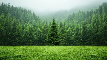 Fototapeta premium Lush Evergreen Forest with Misty Background