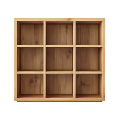 A minimalist empty wooden bookcase featuring nine individual compartments, ideal for storage or display.