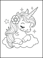 Illustration of a cute baby unicorn cartoon character. Black and white Printable Unicorn coloring page for kids.