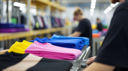 A display of colorful t-shirt arranged neatly in a retail or production setting.