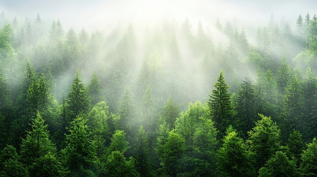 Misty Forest with Sunlight Beams Through Trees