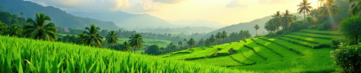 The earthy scent of coconut palms wafts through the air amidst a tranquil landscape of rolling green rice fields, bali, rice fields