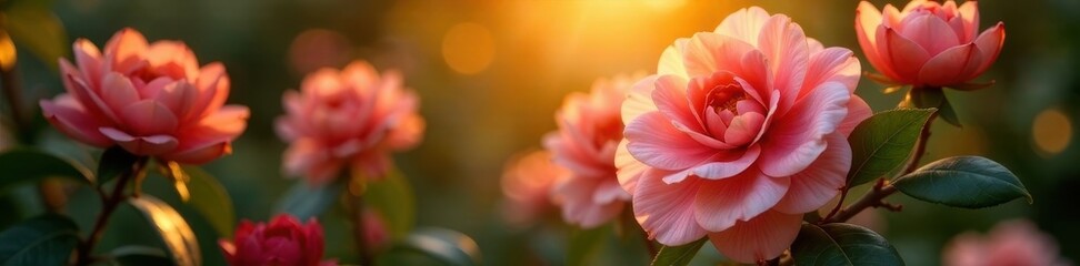 Fototapeta premium Sunlit camellias glowing with warm gentle light, shadowy, florals