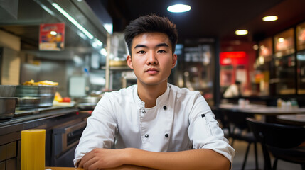 Obraz premium Young Asian chef in a late-night Chinese kitchen