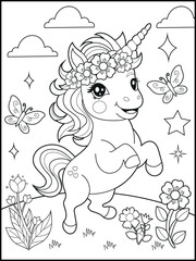 Illustration of a cute baby unicorn cartoon character. Black and white Printable Unicorn coloring page for kids.