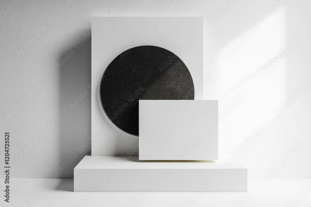 Poster Modern geometric composition with black circle and white rectangle in a minimalist setting. Generative AI