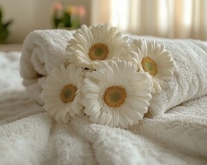 White gerbera daisies on fluffy white towels.