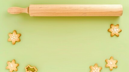 Baking Time: Delicious Star-Shaped Cookies and Wooden Rolling Pin on a Pastel Green Background